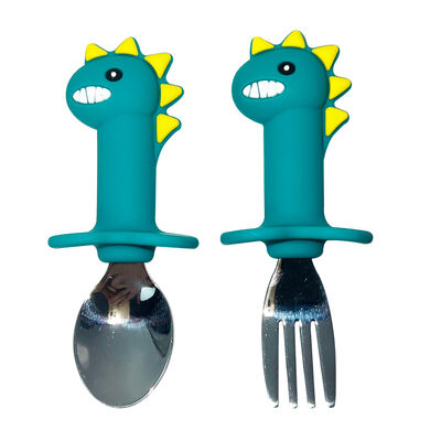 buy Cute Animal Shape Silicone Cucchiaio Bambino Cartoon Dinosauro Maniglia corta Tavolo di frutta Forchetta Cucchiaio per bambini online manufacture